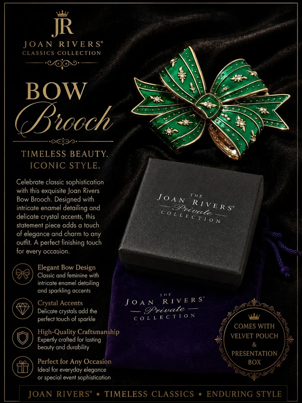 Joan Rivers Emerald Green Enamel Bow Brooch with Gold Accents